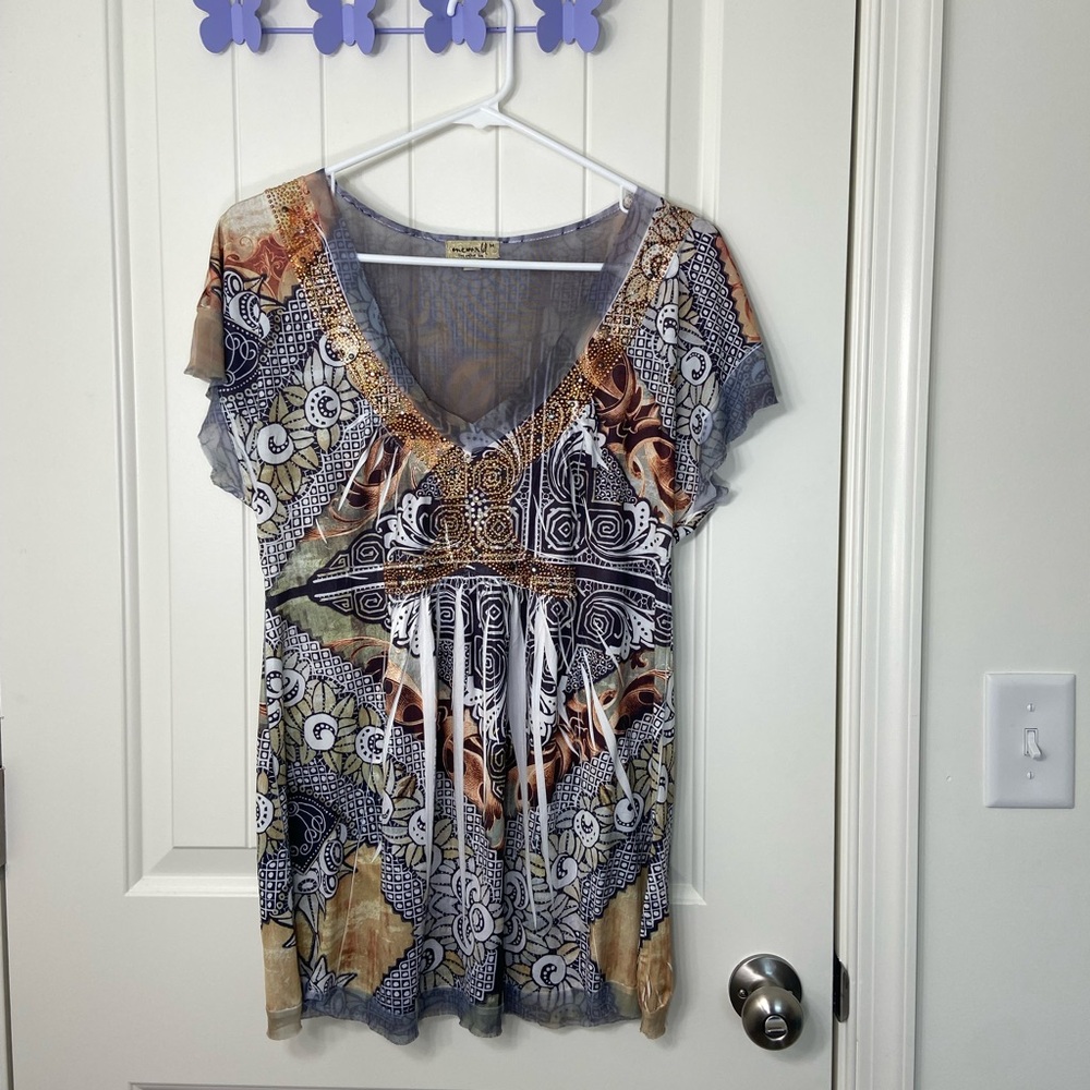 NWOT One World women’s dyed soft silky jeweled ruffle sleeve blouse top‎ medium
